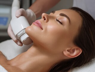 Woman Receiving Ultrasound Treatment for Neck Area in a Professional Healthcare Setting