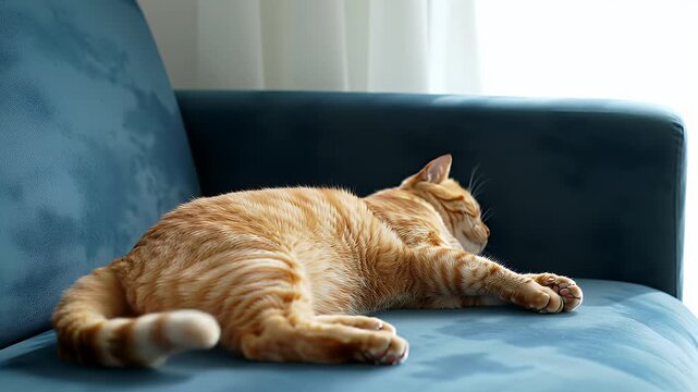 Fluffy Ginger Tabby Cat Belly Upwards on Blue Velvet Sofa near a Window during Relaxing Indoors Nap Time Depicting Peaceful Rest and Comfort Felis Catus