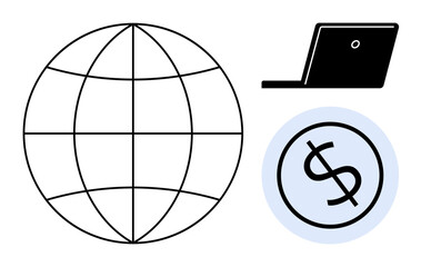 Globe representing worldwide network, laptop symbolizing digital access, and dollar sign showcasing financial transactions. Ideal for business, technology, finance, globalization, ecommerce, online