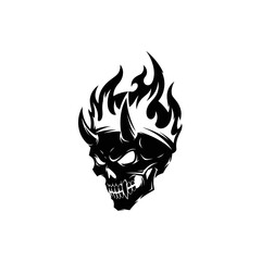 Black Skull with Horns and Flames Graphic Illustration