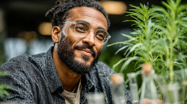 Serene Contemplation: Portrait of a contemplative individual with eyeglasses, surrounded by greenery. - Powered by Adobe