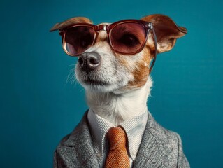 Stylish Dog in Sunglasses Wearing a Suit Exuding Charm and Confidence in a Vibrant Backdrop