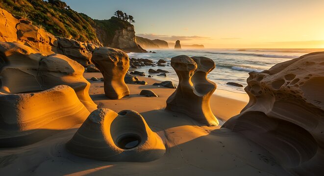 Coastal landscape with unique rock formations at sunset golden hour