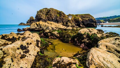 Rocky shoreline meets tranquil ocean