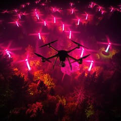 Drone Night Flight with Pink Forest Lights.