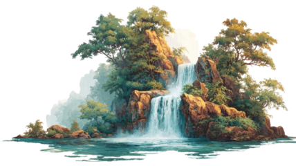 Beautiful fantasy waterfall landscape with magical flowing water, dreamy surreal nature scenery illustration on white background