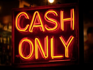 Bright Red Neon Sign Displaying Cash Only in a Vibrant Restaurant or Bar Environment
