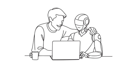 Minimalist one line art illustration of a man and a humanoid robot, symbolizing artificial intelligence, human and AI collaboration, friendship, future technology, innovation, digital partnership