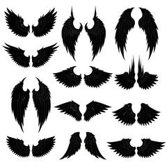 Collection of Black Angel Wings Silhouettes on White