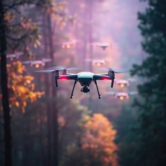 Drone Swarm Autumn Forest Flight.