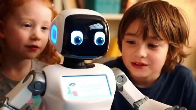 Children interact with futuristic robot friend indoors smiling with joy