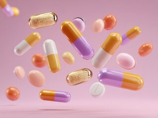 Colorful Floating Pills and Capsules in Mid-Air Against a Soft Pink Background