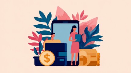 Engaging Digital Payment Illustration Featuring Mobile Transactions and Financial Activities in a Modern Setting