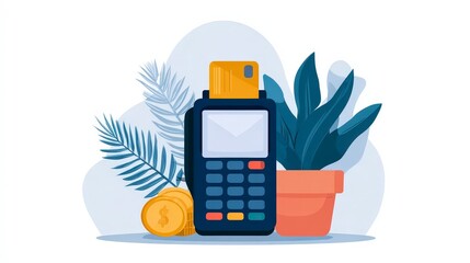 Modern Payment Terminal with Digital Wallet and Coins Surrounded by Greenery Illustration for Financial Concepts