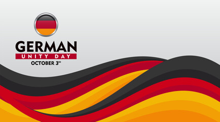 German Unity Day. Celebrated every October 3rd. Design element with waving ribbon flag. Suitable for banner, poster, greeting card, social media