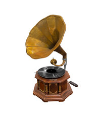 Antique record player or phonograph isolated on white background