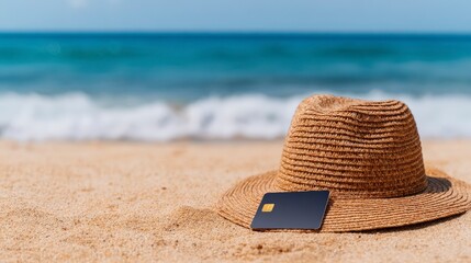 Relaxing on Sandy Beach with Straw Hat and Credit Card for a Perfect Sunny Day Escape