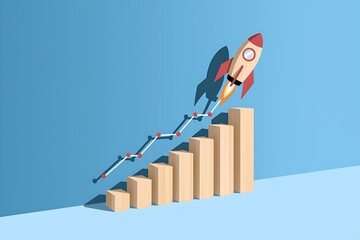 Rocket and chart on blue background business financial start up growth success concept object design