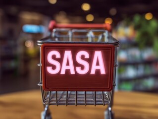 Modern Shopping Cart with Bright Neon Signage in Contemporary Retail Space for Business Networking Concepts