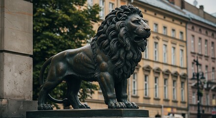 Detailed lion statue standing outdoors with buildings and greenery