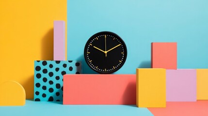 Bright Multicolor Clock on Geometric Blocks in a Vibrant Studio Arrangement