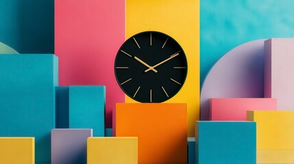 Colorful Geometric Shapes with a Black Clock Against a Bright Multicolored Background