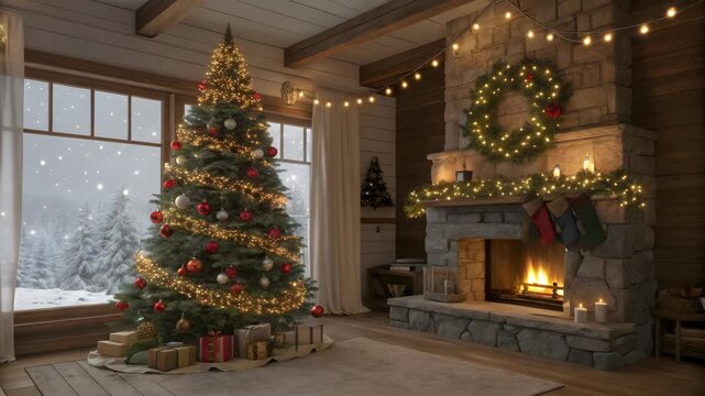 Illustration of a cozy christmas scene featuring a decorated tree, a fireplace with stockings, and snow falling outside the window, creating a warm and inviting atmosphere 4k hd video download