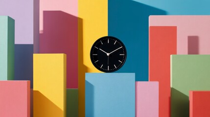 Vibrant Clock Displayed Among Colorful Geometric Blocks in Bright Multicolor Arrangement