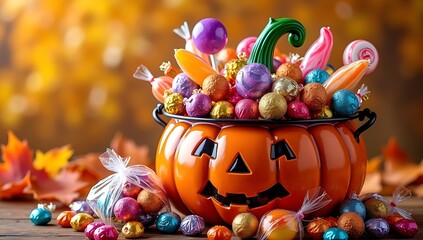 A colorful pile of Halloween candy, lollipops, chocolates, and sweets spilling out of a pumpkin bucket, festive and playful holiday vibe.