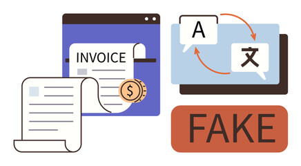 Document marked as an invoice, currency, translation symbols, and FAKE label. Ideal for fraud prevention, online scams, cybersecurity, false information, finance translation simple flat metaphor