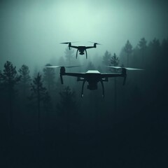 Drones flying foggy forest.