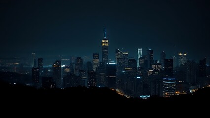 A city skyline illuminated at night with long exposure and deep blue tones.