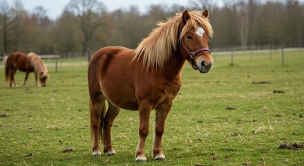 Fototapeta premium Brown pony standing in a green field with another pony grazing in the distance