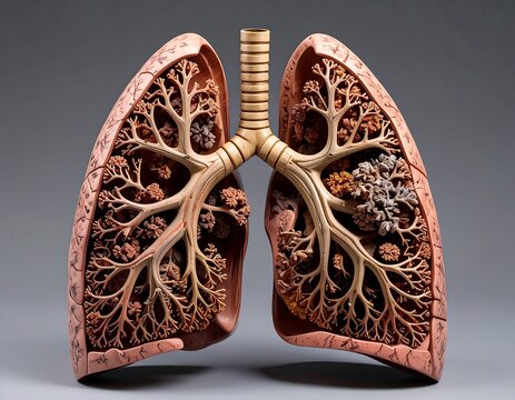 Intricate sculpture of lungs, showcasing bronchioles and alveoli
