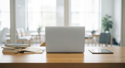 Laptop on a wooden desk modern workspace for business and productivity