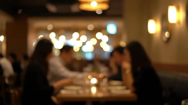 Blurred background of people dining in a warm cozy restaurant with beautiful bokeh lights creating a relaxing and intimate atmosphere