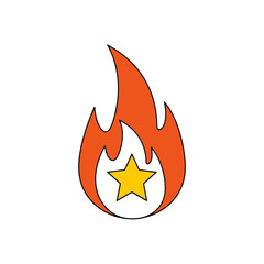 Stylized Flame with Yellow Star Center, Black Outline