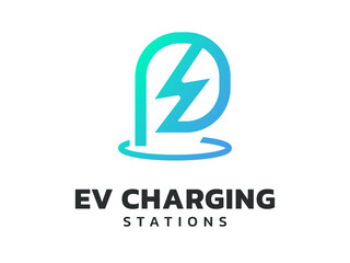 Electric vehicle charging with letter P Word Meaning point parking EV stations logo vector design concept. Letter P logotype symbol for Electric Car, EV station, ui, web, ev business, infographic.
