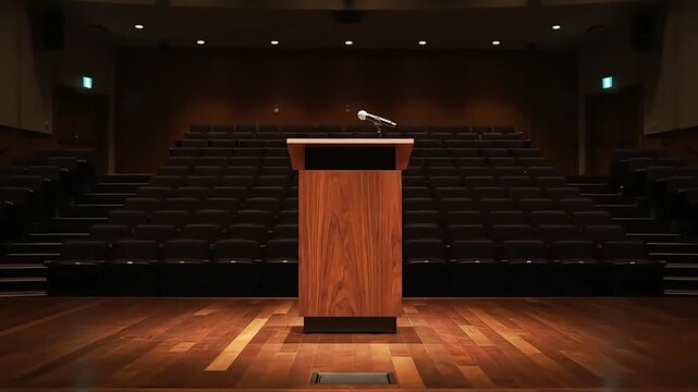 Spotlighted Wooden Podium and Microphone on an Empty Stage in a Dark Auditorium or Lecture Hall Awaiting a Business Presentation or Formal Event