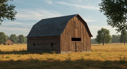Rustic Wooden Barn in Golden Field Under Cloudy Sky