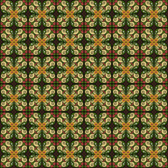 seamless decorative floral patterns with yellow, green and red, orange motifs, featuring symmetrical ornate shapes,  ideal for textiles,  wallpapers, wrapping paper, tiles, and digital designs.