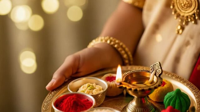 Bhai Dooj Celebration Woman Holding a Traditional Thali with Sweets  Rice  Tika Powder  and Diya during Bhaubeej Festival