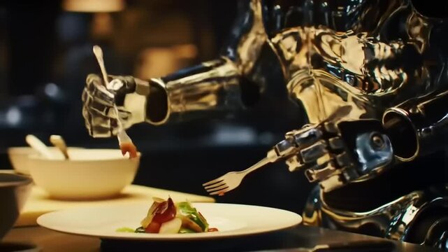 Robot chef preparing food in kitchen setting for commercial purposes