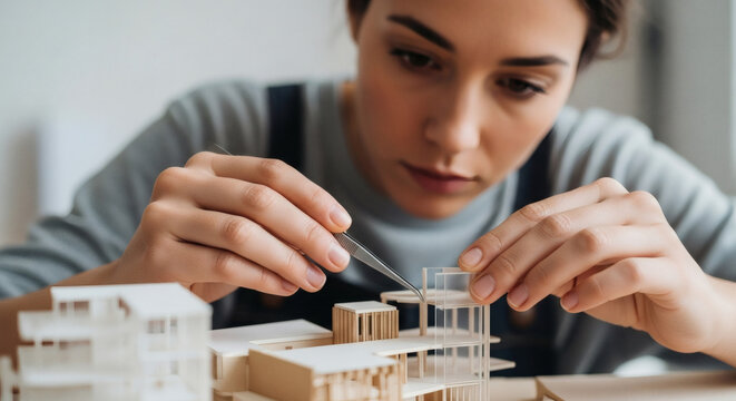 Young female designer or architect immersed in the intricate process of building a detailed architectural model, demonstrating focus and artistic skill.