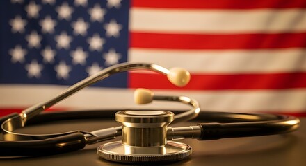An American flag serving as the backdrop for a stethoscope, a powerful symbol of the nation's healthcare.