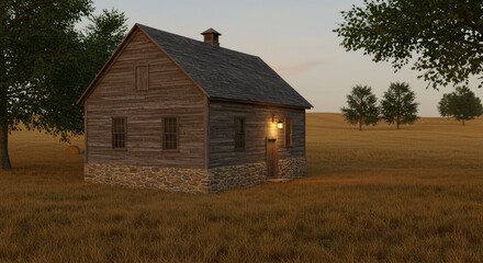 Obraz premium Rustic Wooden Cabin in Golden Field at Dusk