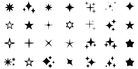 Shine or sparkle star vector set. Different star shapes. Stars icon collection. Stars sparkle doodles vector. Shine icon. Vector illustration.