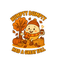 Humpty Dumpty Autumn Illustration – Cute Fall Season Cartoon with Pumpkins and Coffee