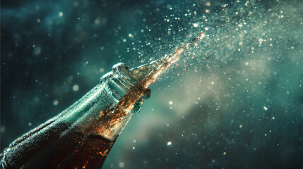 Close up of soda bottle spraying liquid with sparkling background effect