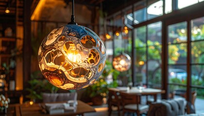Intricate spherical pendant lamp illuminates a dimly lit restaurant